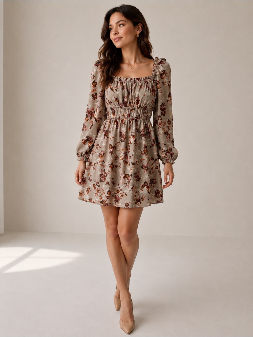 SHEIN Beige Floral Patterned Dress